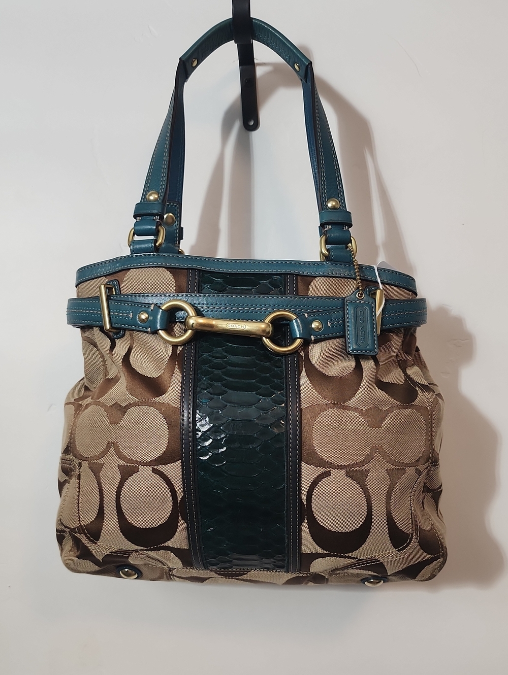 Coach Brown Signature Shoulder Bag with Teal Trim